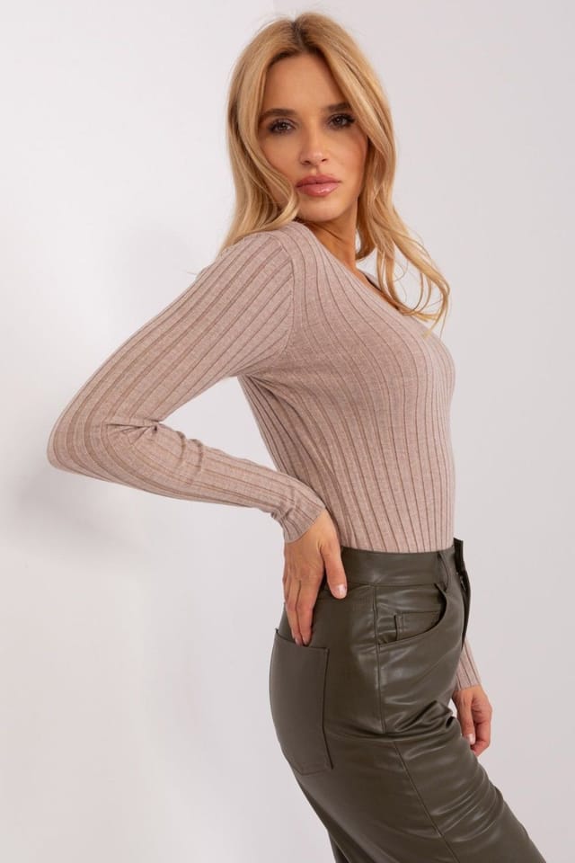 Love Lace Love Lace Women's Ribbed V Neck Long Sleeve Viscose Sweater Style 189715 in Beige - 2