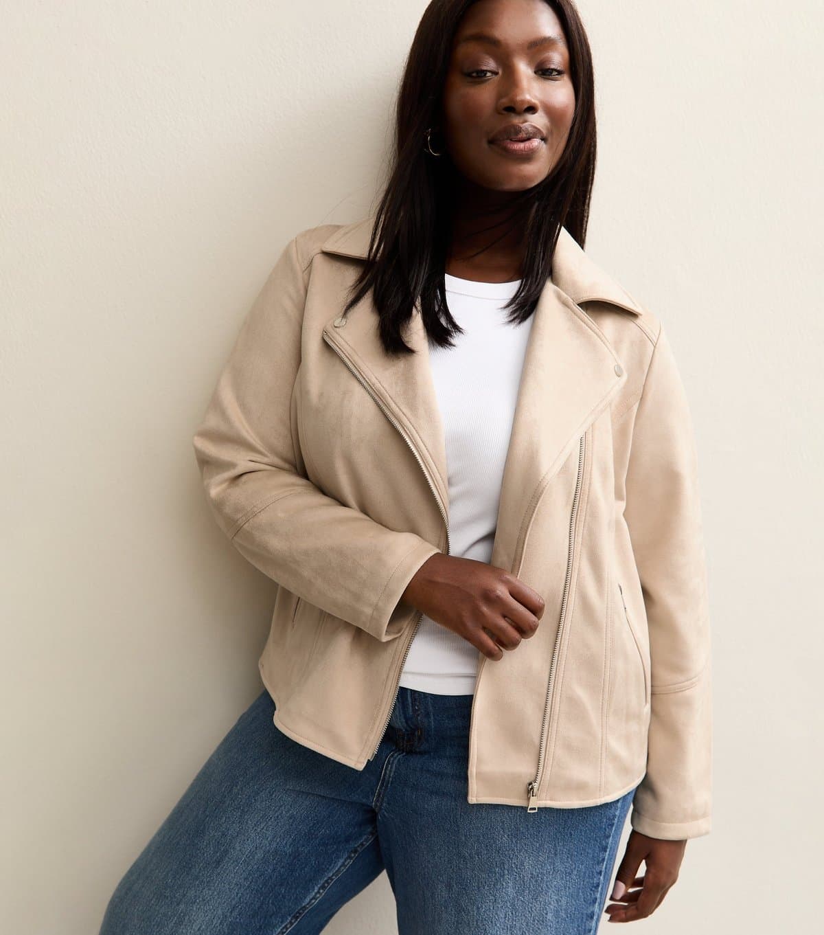 New Look Women's Plus Size Stone Faux Suede Biker Jacket Curves New Look