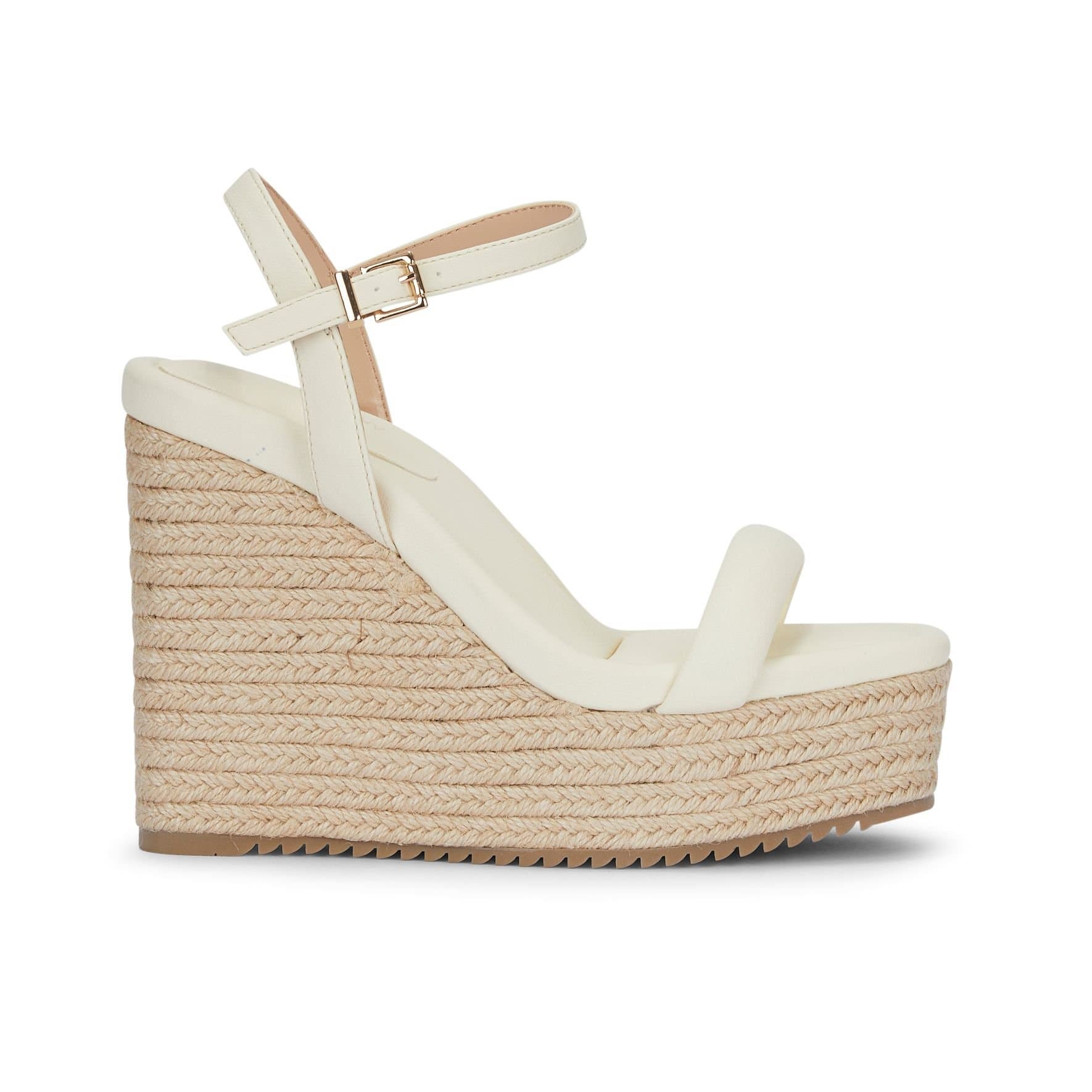 MALOW LONDON MALOW LONDON Women's Jenna Wedge Sandals Buckle Strap PU Open Toe Wedge Heel Shoes in Cream