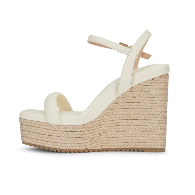 MALOW LONDON MALOW LONDON Women's Jenna Wedge Sandals Buckle Strap PU Open Toe Wedge Heel Shoes in Cream - 2