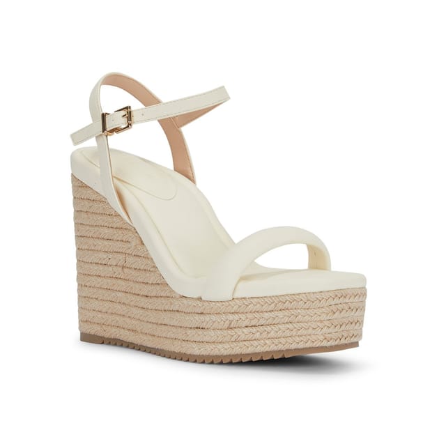 MALOW LONDON MALOW LONDON Women's Jenna Wedge Sandals Buckle Strap PU Open Toe Wedge Heel Shoes in Cream - 3