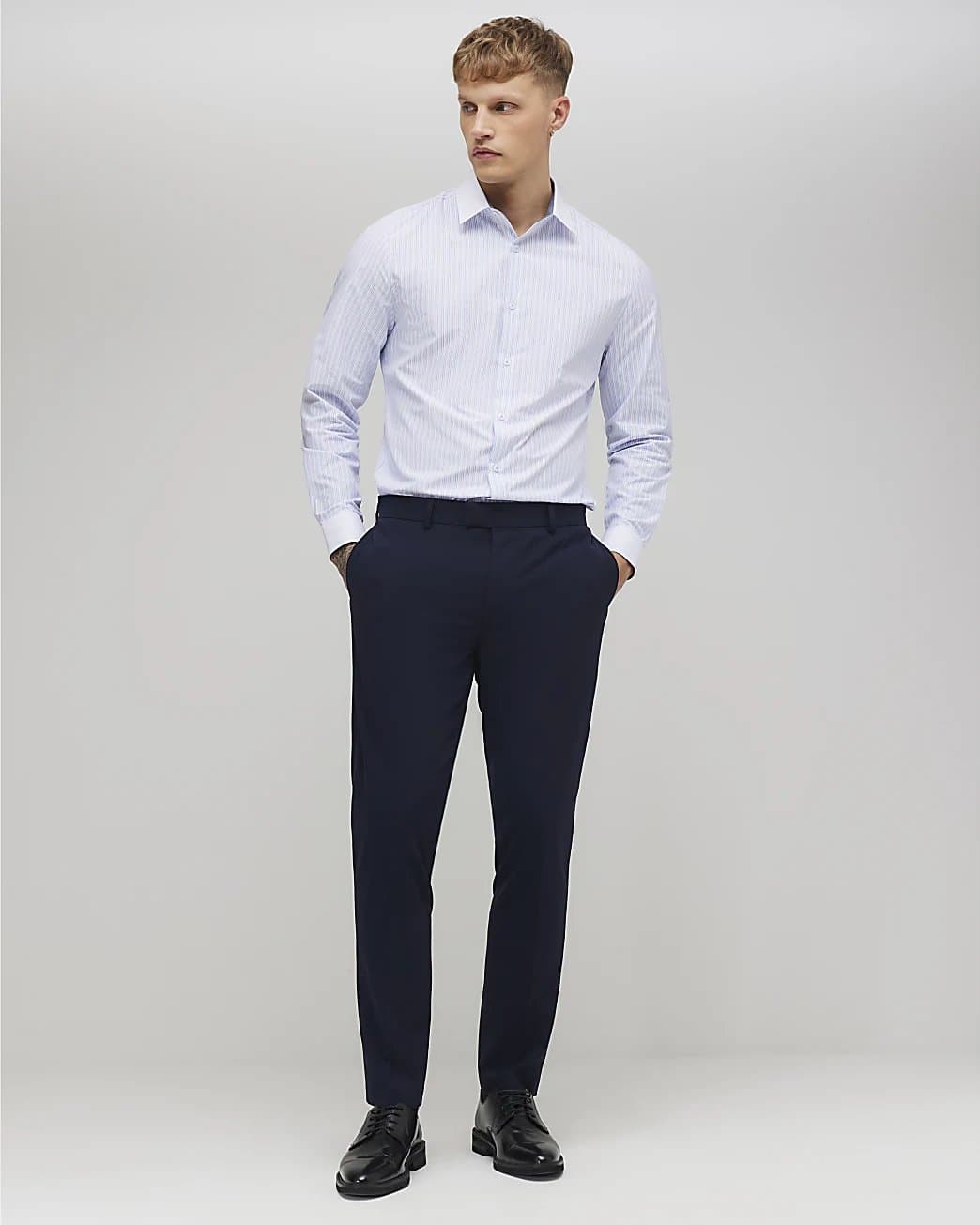 River Island Mens River Island Blue Slim Fit Contrast Collar Stripe Shirt