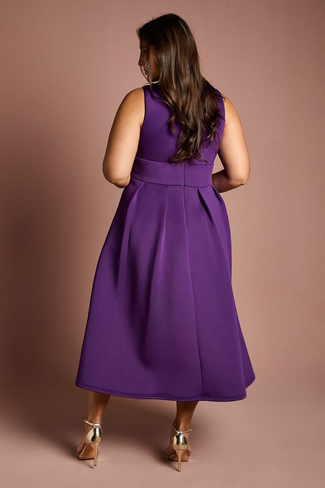 Coast Coast Women's Plus Plunge Neck Full Skirted Midi Dress In Scuba in Purple - 3