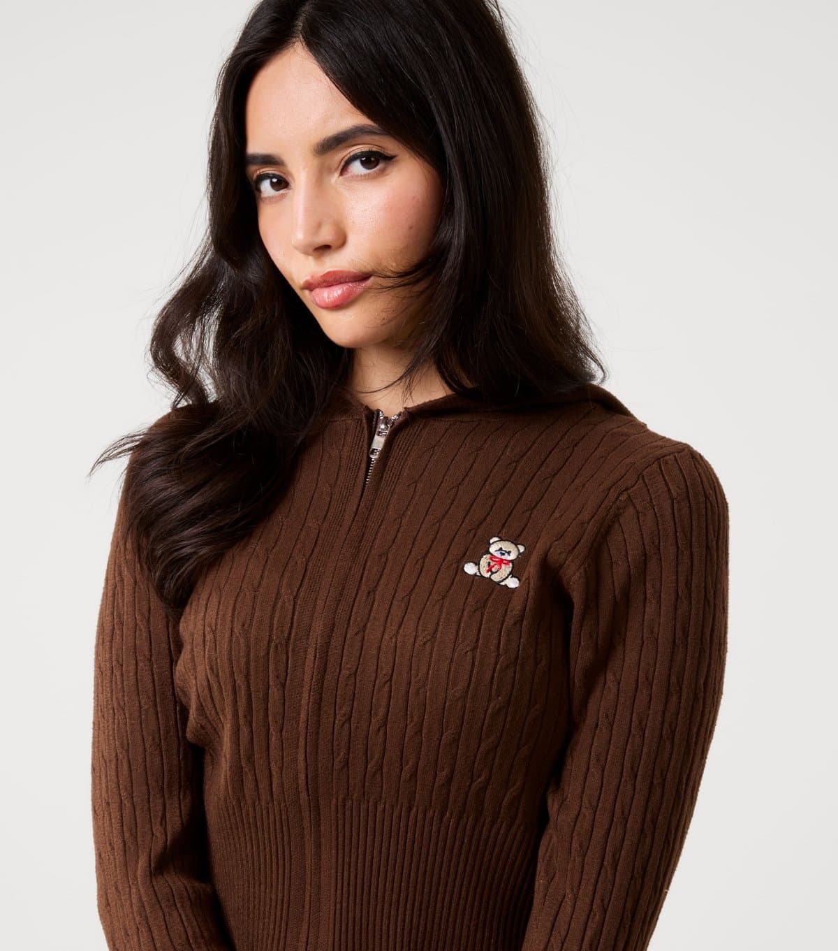 Pink Vanilla Women's Brown Teddy Embroidered Cable Knit Hoodie Pink Vanilla New Look