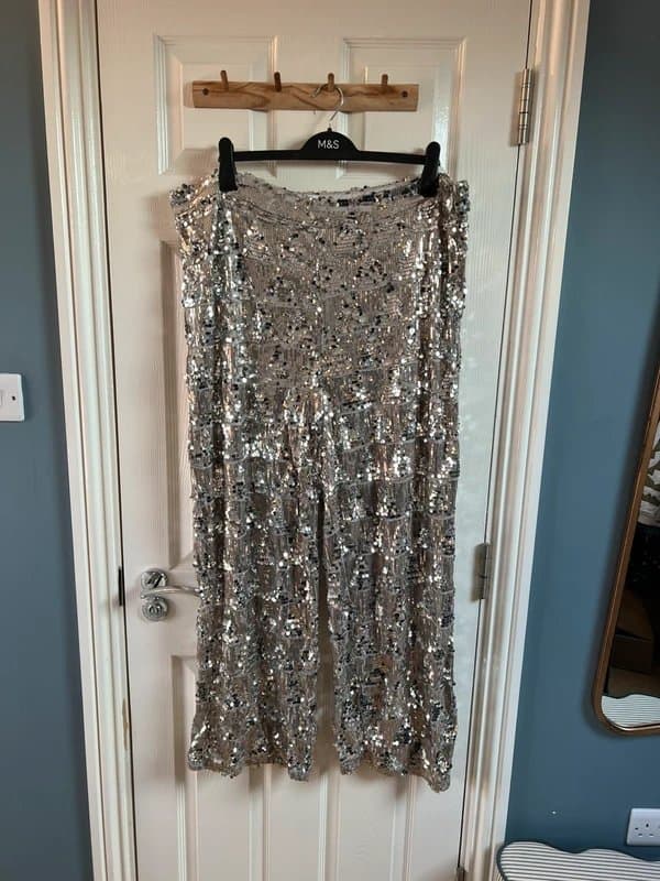 Never Fully Dressed Never fully dressed sequin wide leg trousers silver grey size 22 plus size curve