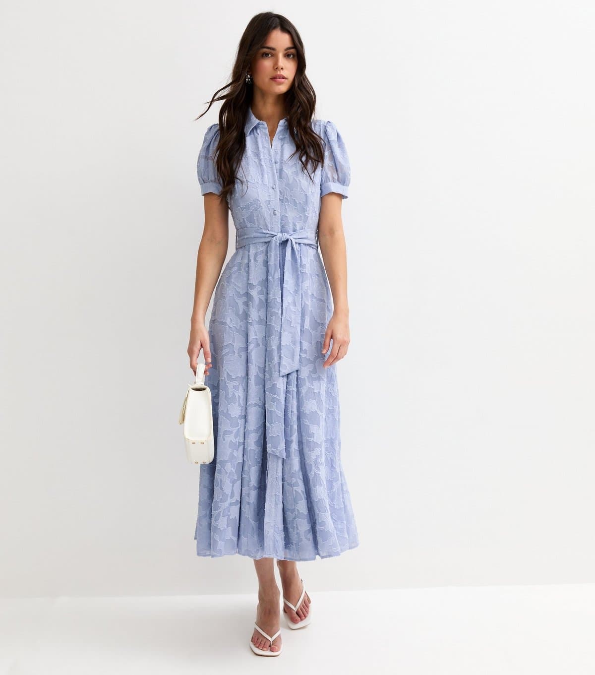New Look Women's Light Blue Brocade Puff Sleeve Shirt Dress New Look