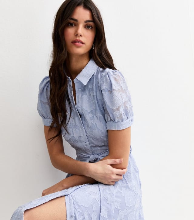 New Look Women's Light Blue Brocade Puff Sleeve Shirt Dress New Look - 2