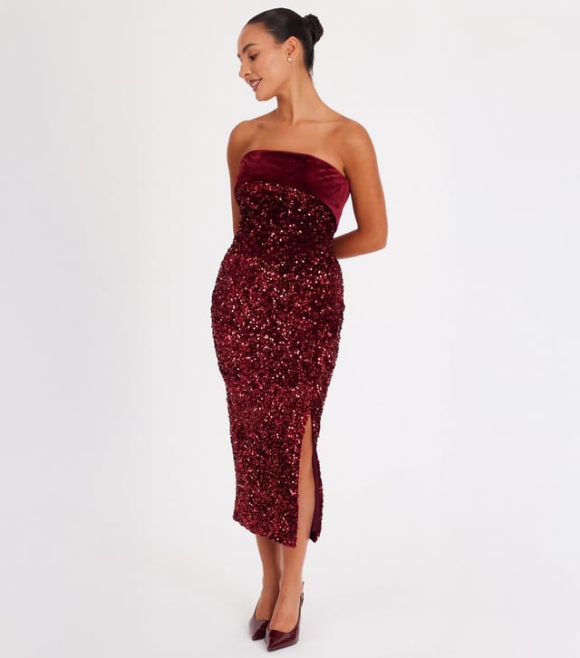 Quiz Women's Petite Dark Red Velvet Sequin Midaxi Dress Quiz New Look - 2