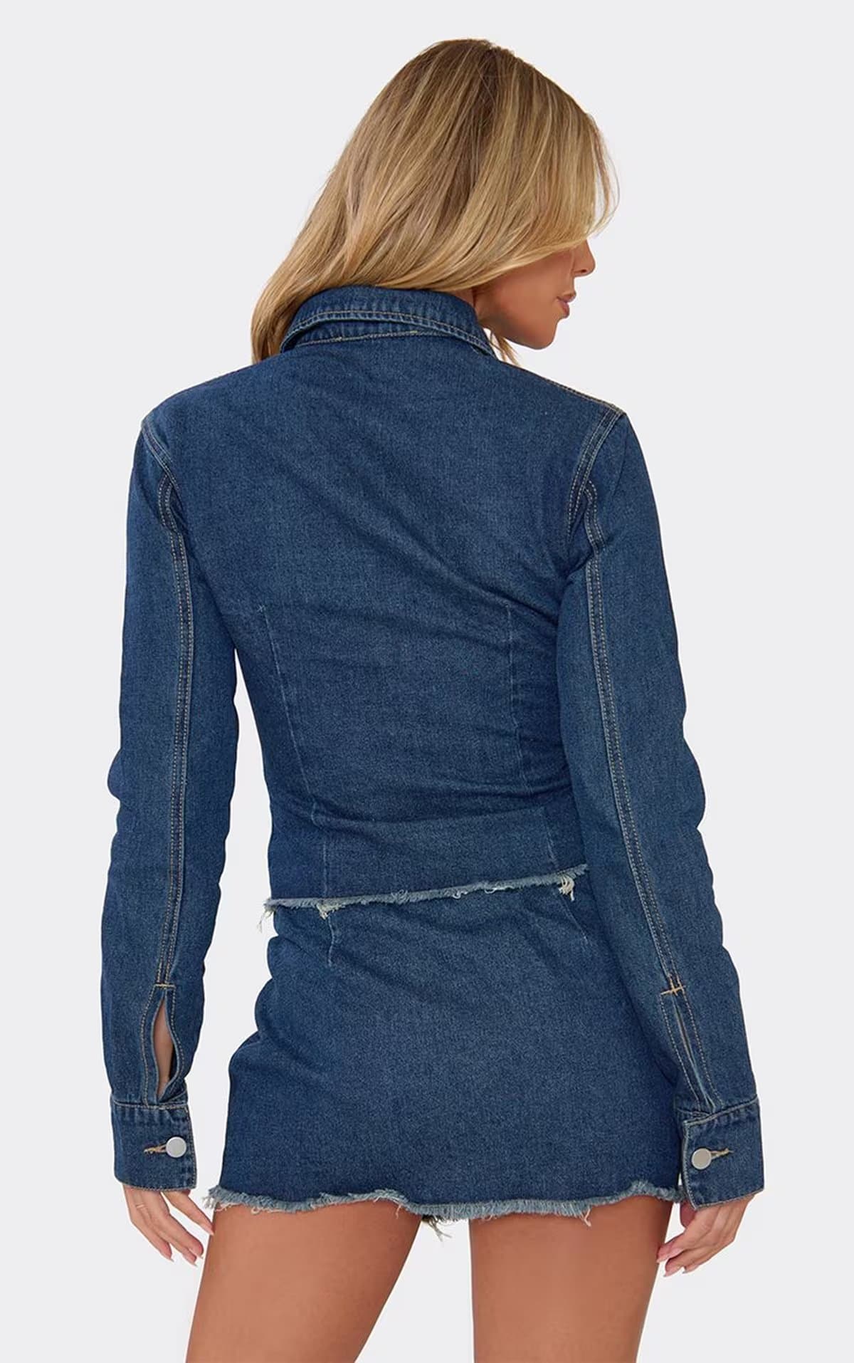 EGO Long Sleeve Seam Detail Cinched Waist Jacket In Blue Denim, Women's Size UK 6