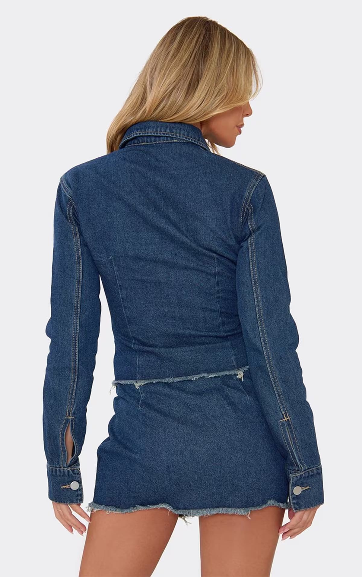 Long Sleeve Seam Detail Cinched Waist Jacket In Blue Denim, Women's Size UK 6