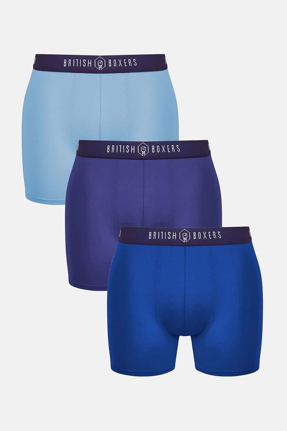 British Boxers British Boxers Men's Pack of Three "Flame Blues" Stretch Trunks in Dark Blue