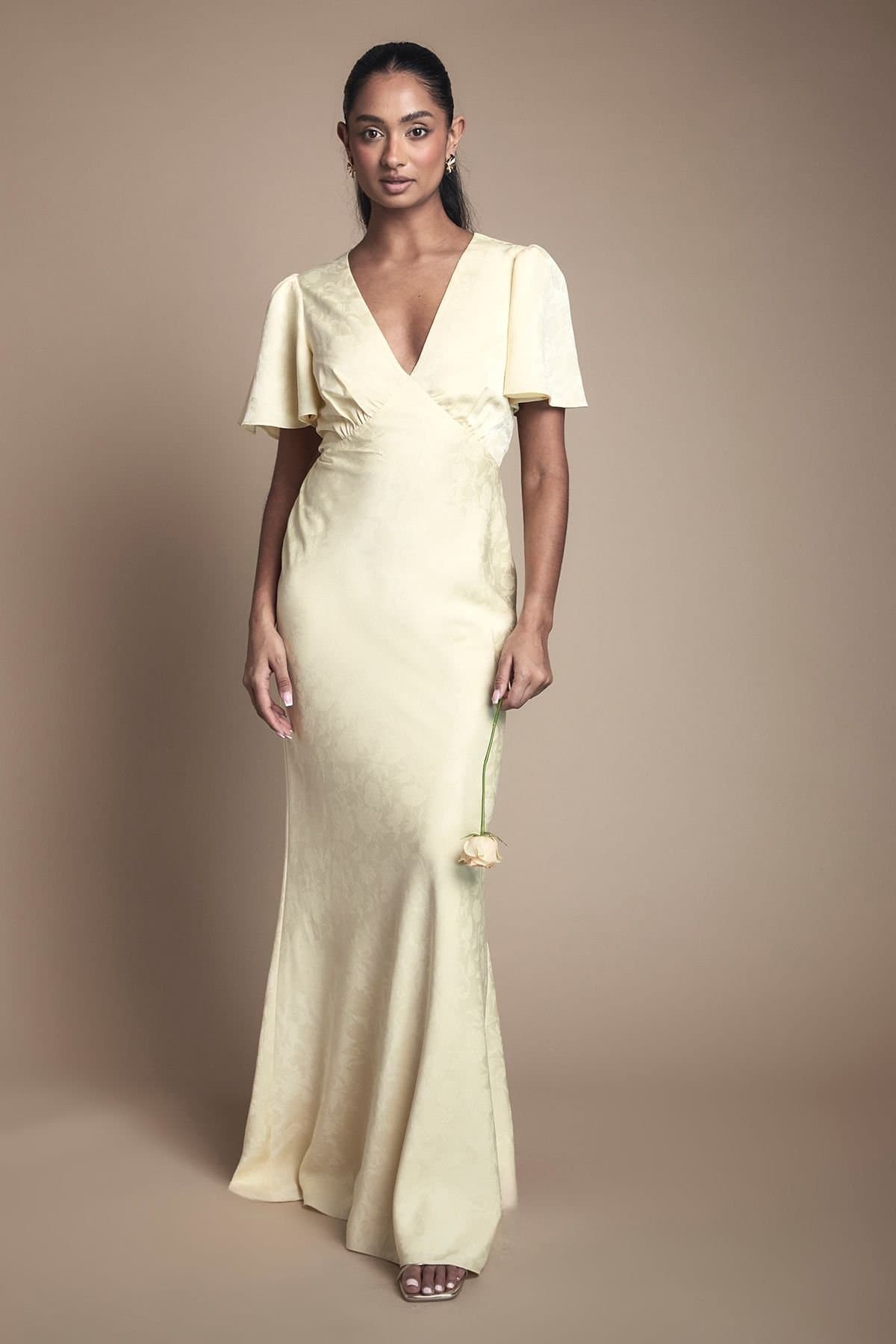 Oasis Oasis Women's Angel Sleeve Satin Jacquard Bridesmaid Maxi Dress in Butter