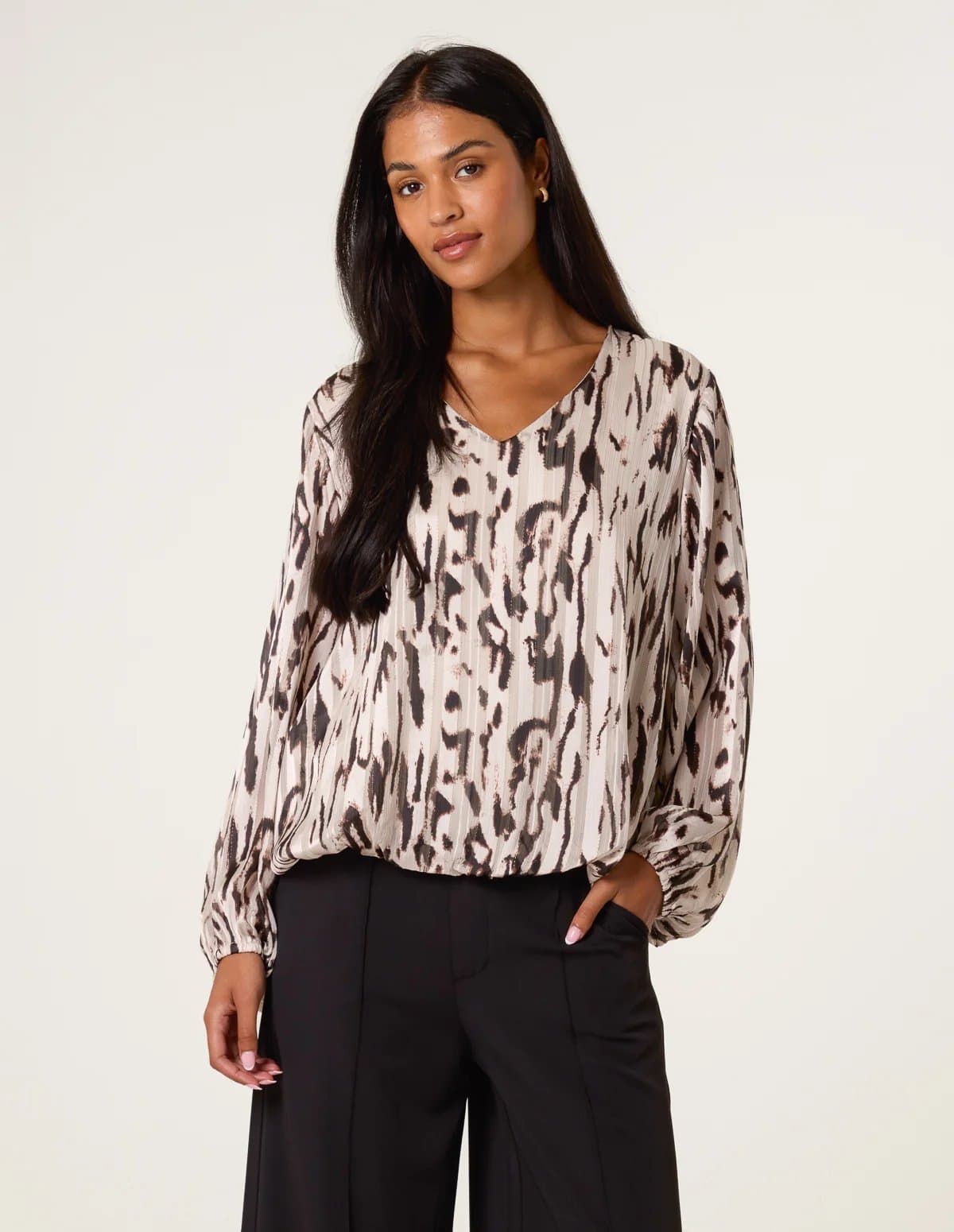 Blue Vanilla Animal Print Puffball V Neck Top