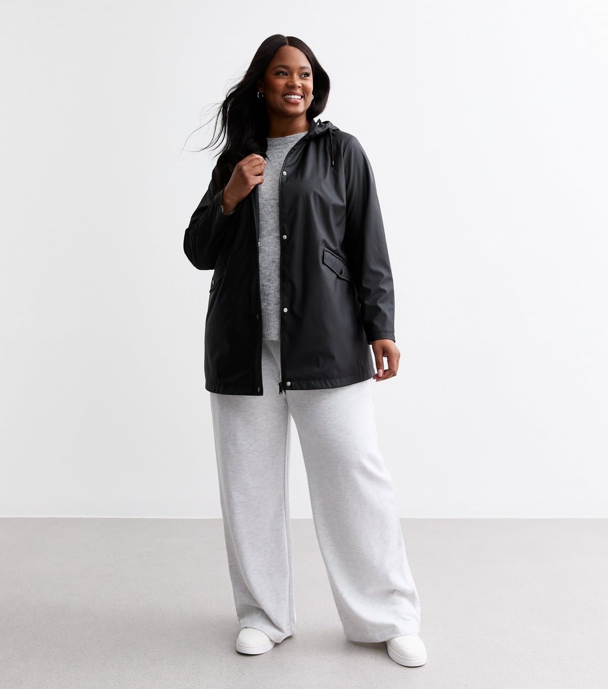 New Look Women's Plus Size Black Hooded Rain Coat Curves New Look