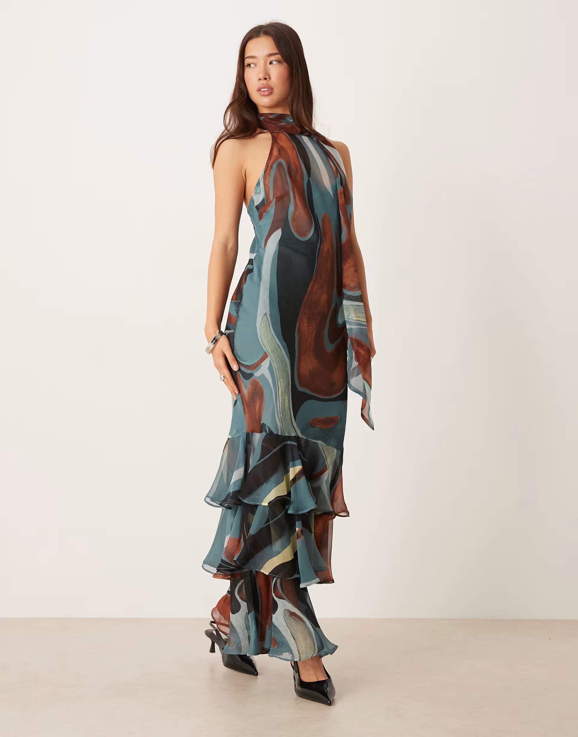 ASOS ASOS DESIGN chiffon halter neck maxi dress with scarf detail in blue abstract