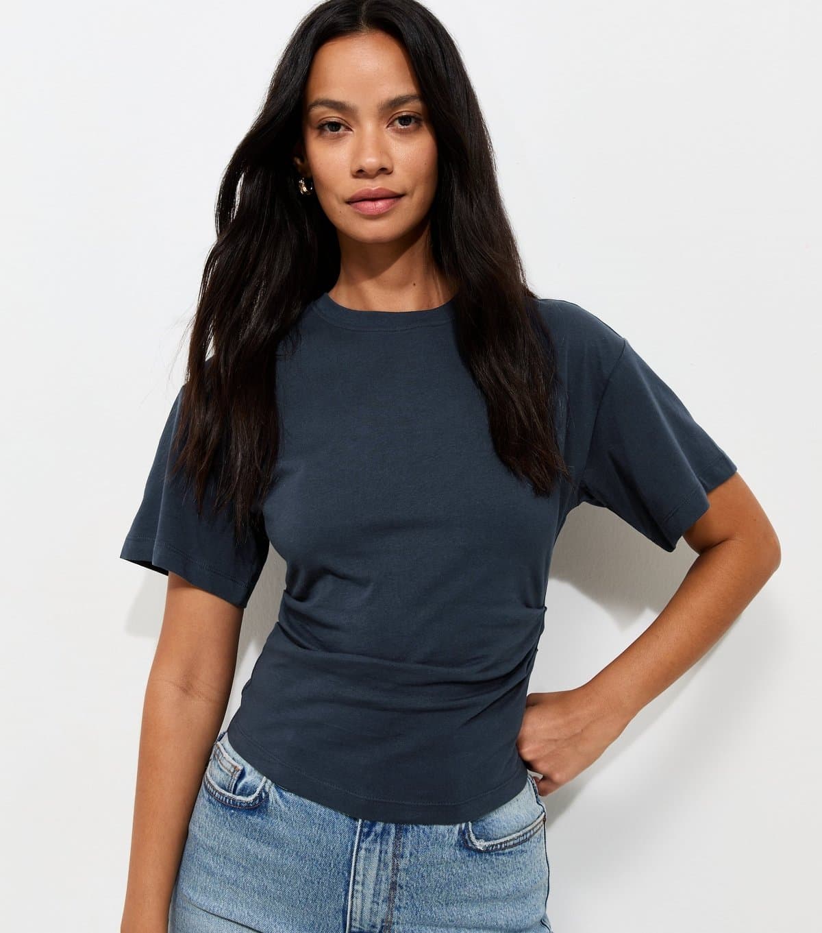 New Look Women's Navy Ruched Waist Crew Neck T-Shirt New Look