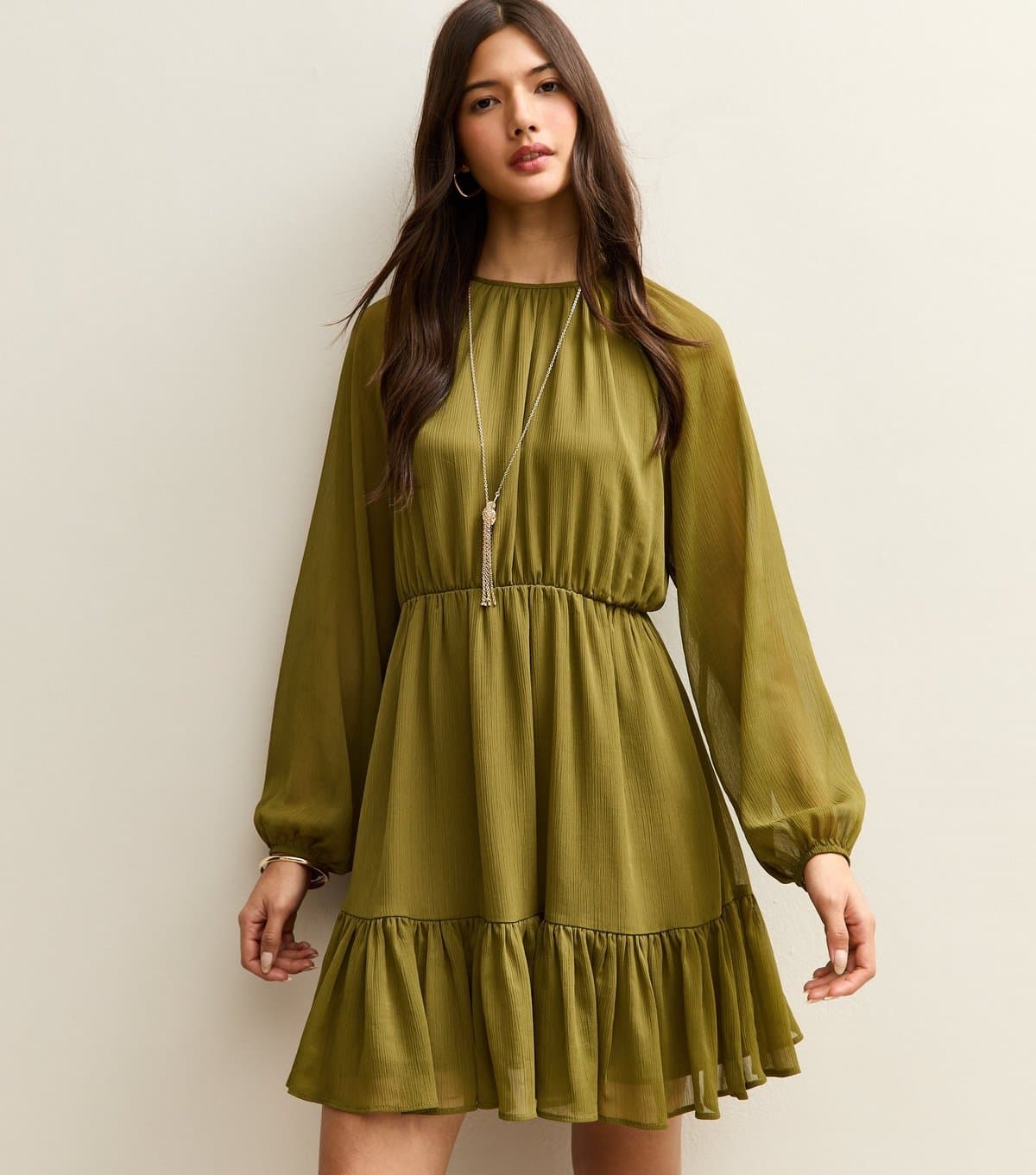 New Look Women's Light Khaki Chiffon Tiered Mini Dress New Look