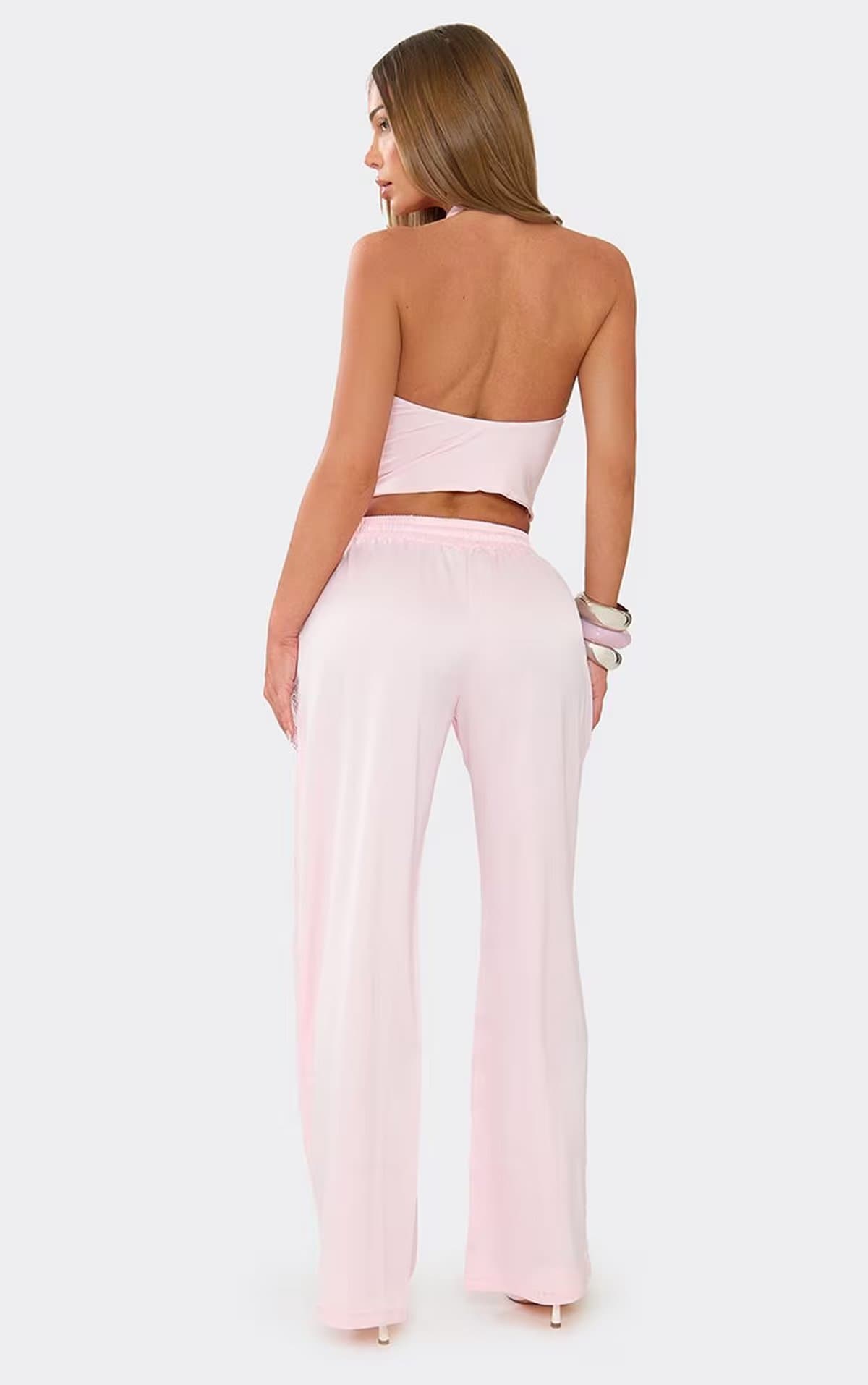 EGO Mid Rise Lace Trim Detail Wide Leg Floaty Trousers In Baby Pink Satin, Women's Size UK 6