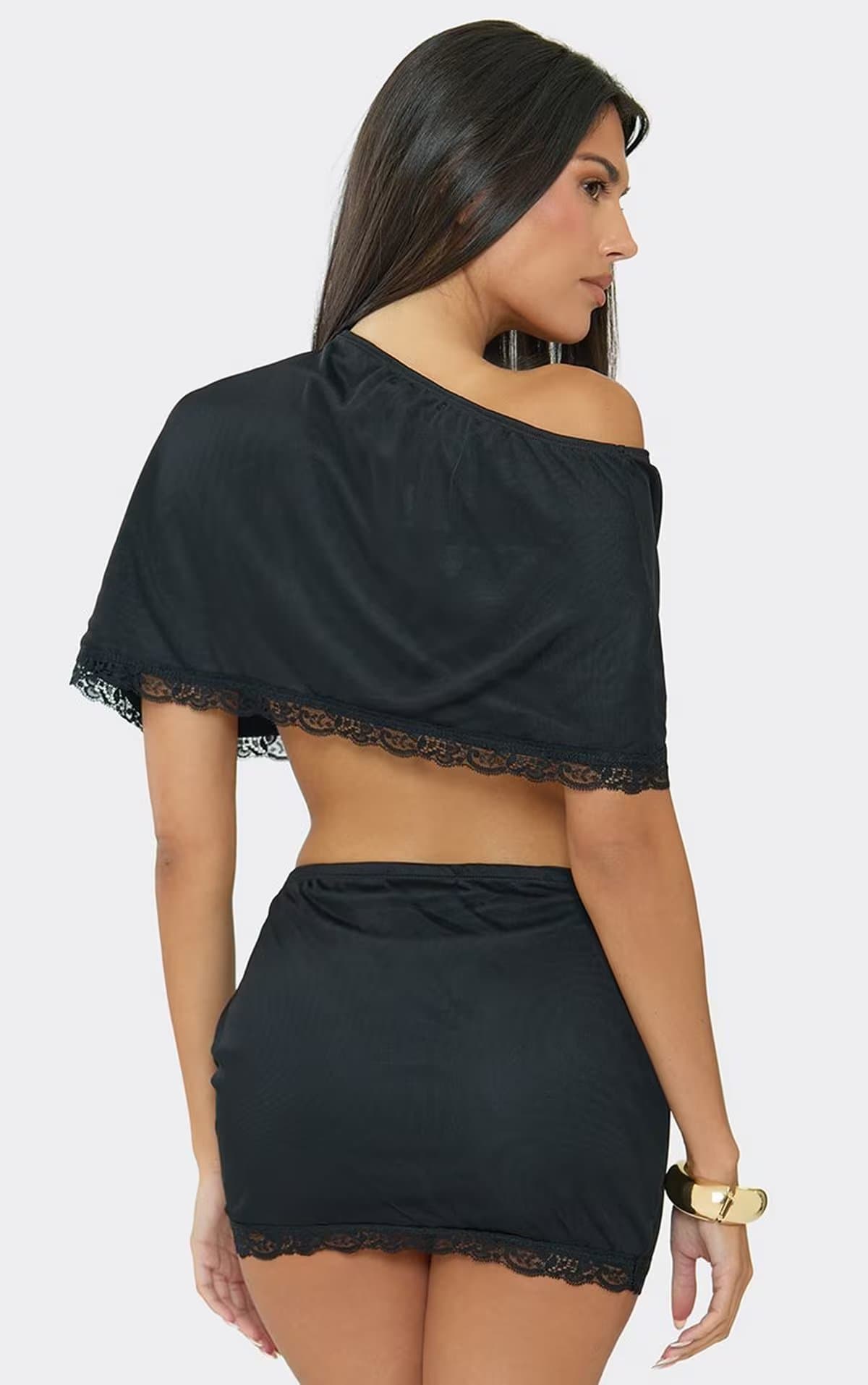 EGO EGO Black Lace Off-Shoulder Cape Top & Mini Skirt Set