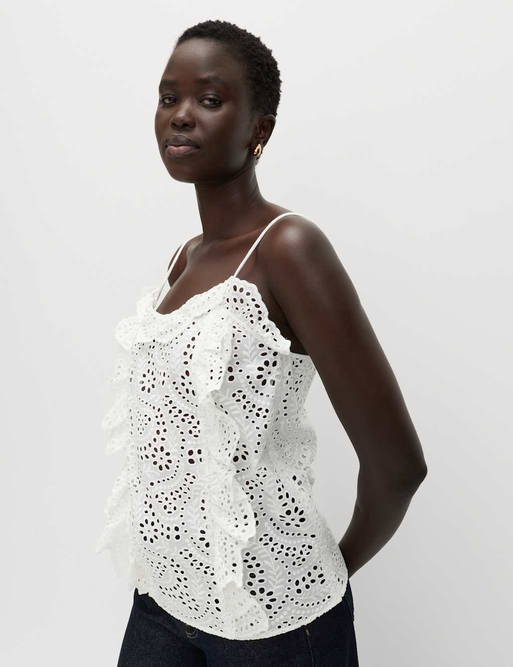 Marks & Spencer M&S Pure Cotton Broderie Ruffle Cutwork Cami Soft White - 3