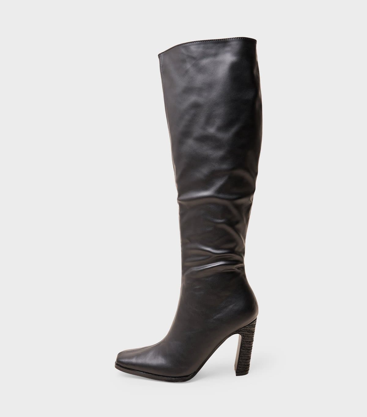 Public Desire Women's Black Acquilla Faux Leather Knee High Flared Heel Boots Public Desire New Look