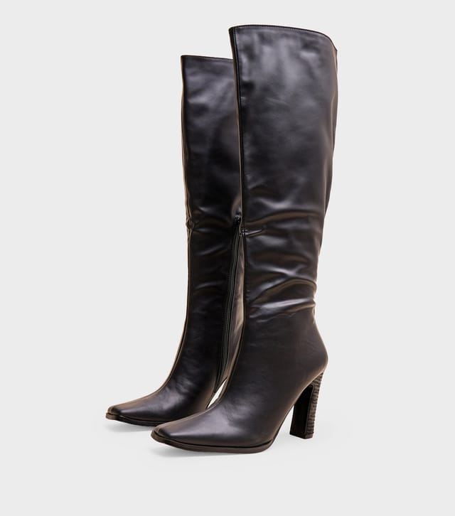 Public Desire Women's Black Acquilla Faux Leather Knee High Flared Heel Boots Public Desire New Look - 2