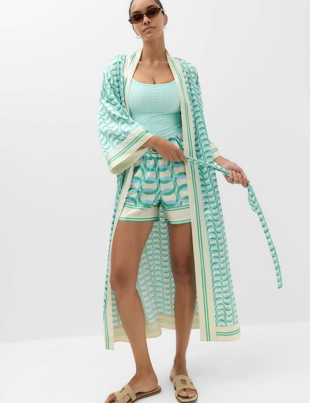 Marks & Spencer M&S Satin Printed Maxi Kaftan Dress Blue Mix
