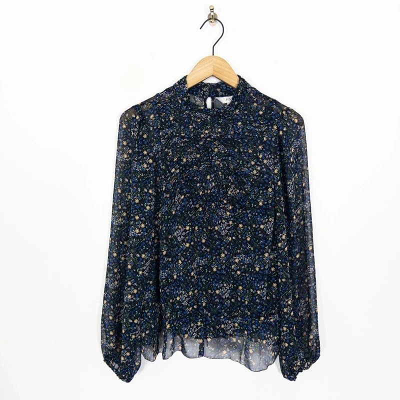 Marks & Spencer M&S Floral Long Sleeve Blouse Size 12 Black Multi Sheer RRP £40