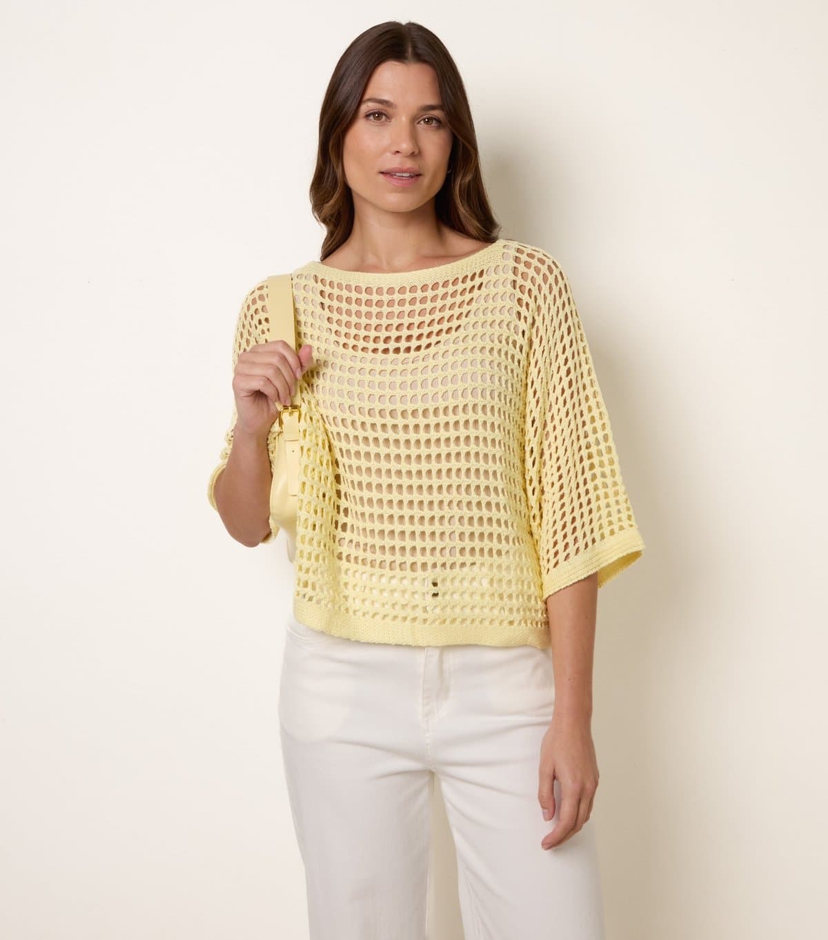 Blue Vanilla Women's Light Yellow Round Neck Net Top Blue Vanilla New Look