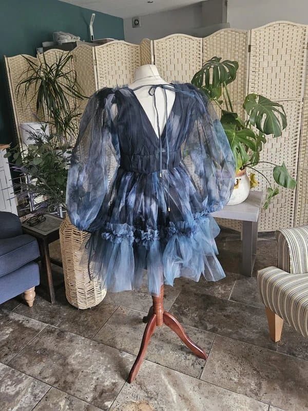 Karen Millen Karen Millen Blue Blurred Floral Tulle Mesh Volume Plunge Mini Party Dress S 8 & 10
