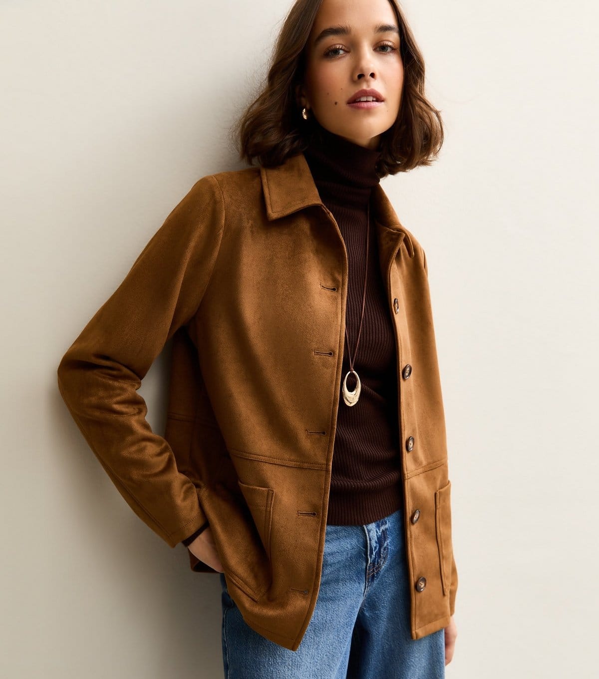Women's Tan Faux Suede Button Front Jacket New Look
