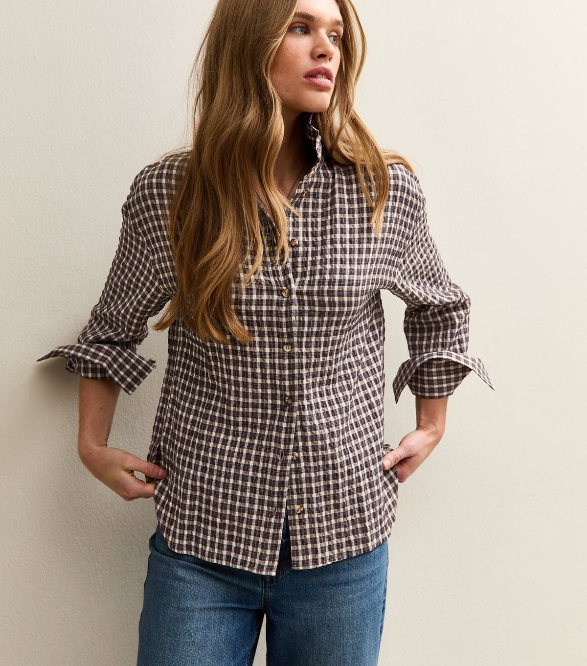 New Look Women's Brown Textured Checked Oversized Shirt New Look