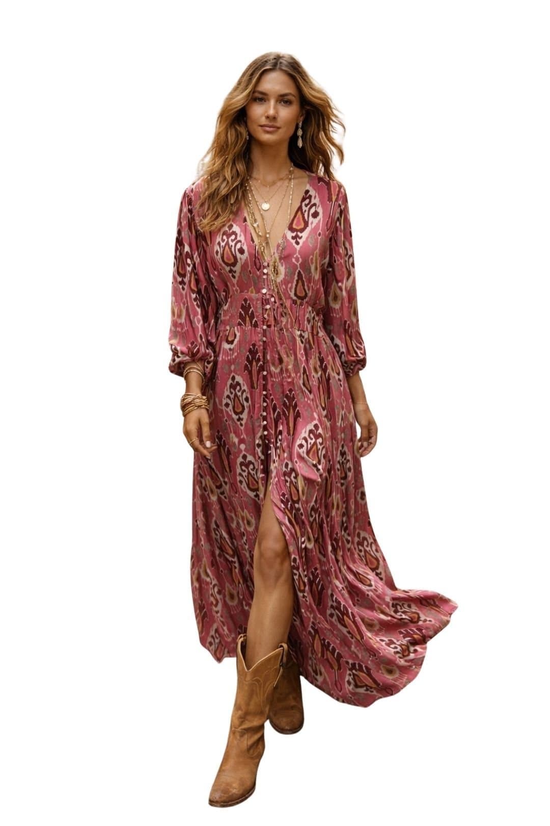 Soul of Sita Soul of Sita Women's Rose Pink Aztec print satin button through maxi dress