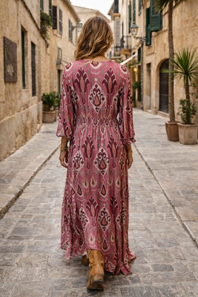 Soul of Sita Soul of Sita Women's Rose Pink Aztec print satin button through maxi dress - 3
