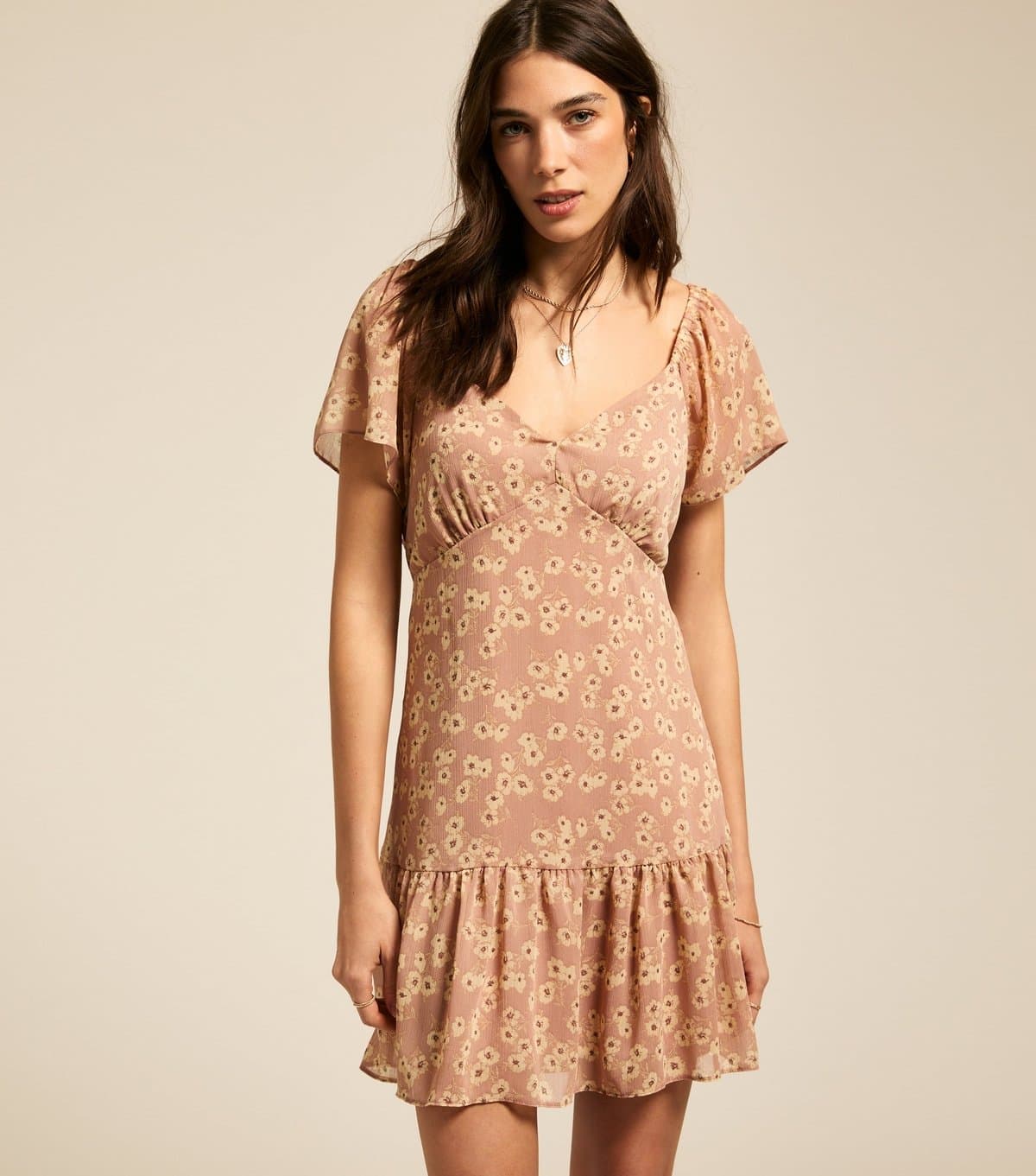 New Look Women's Pink Daisy Print Tiered Hem Chiffon Mini Dress New Look