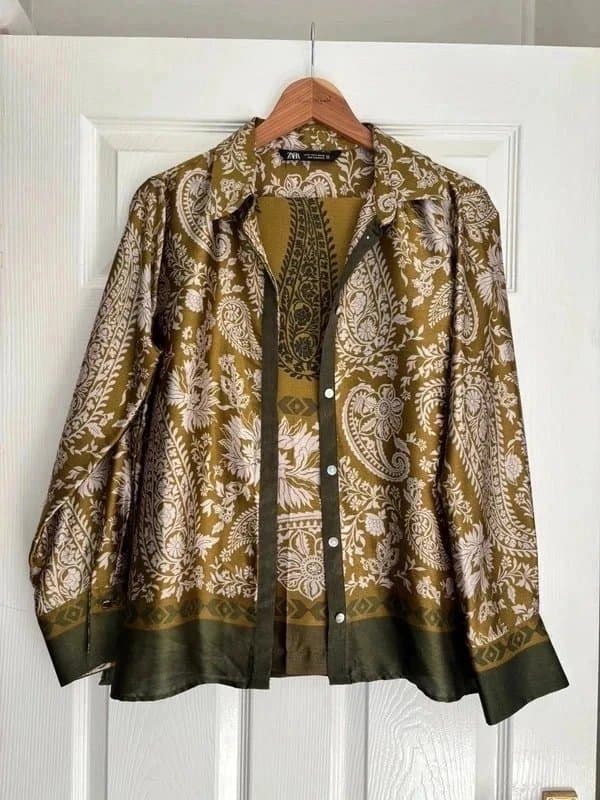 Zara Zara green paisley silky satin co-ord shirt & wide leg trousers palazzo pants - size 10