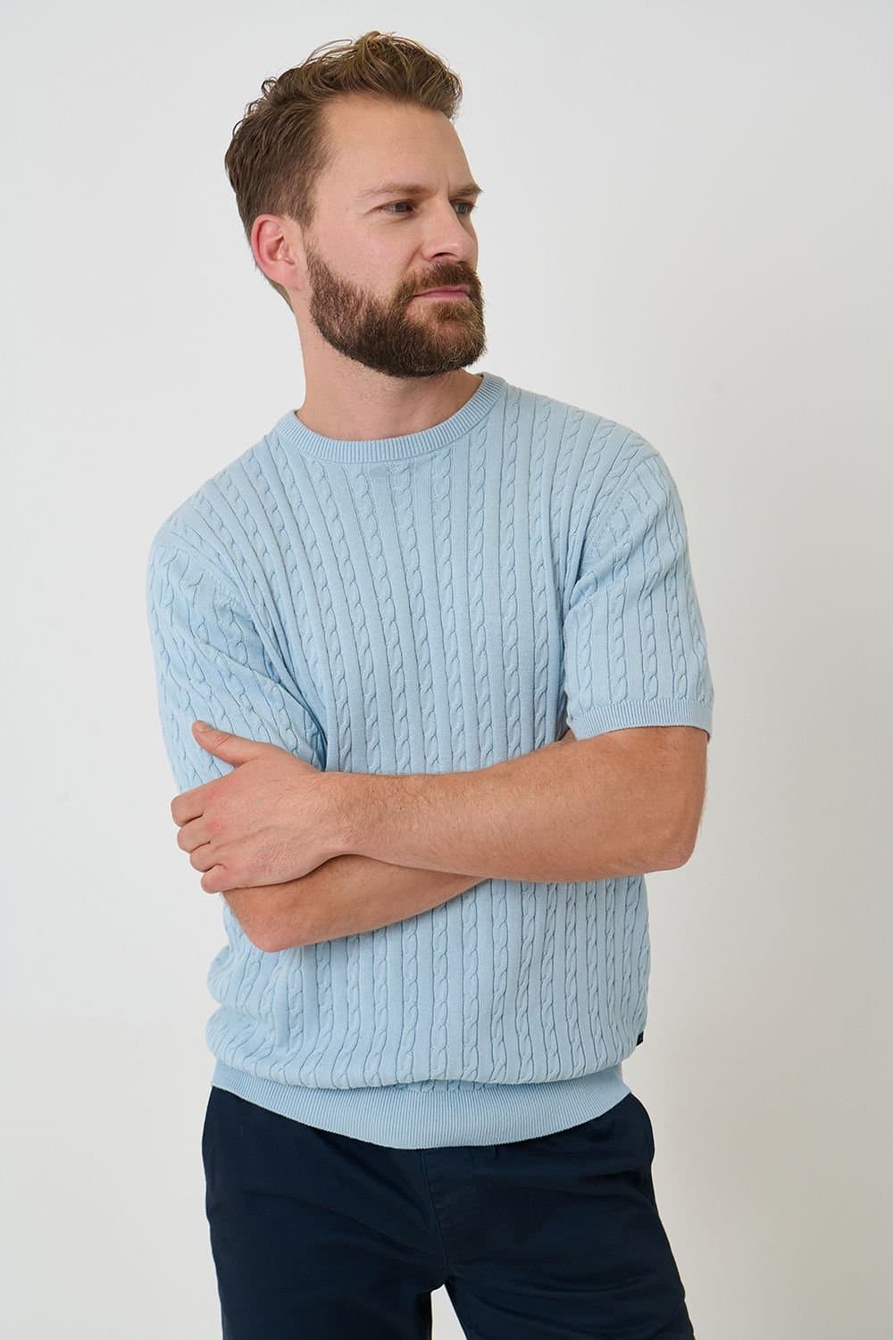 Saltwell Saltwell Men's Cable Knit Crew Neck T-Shirt in Blue