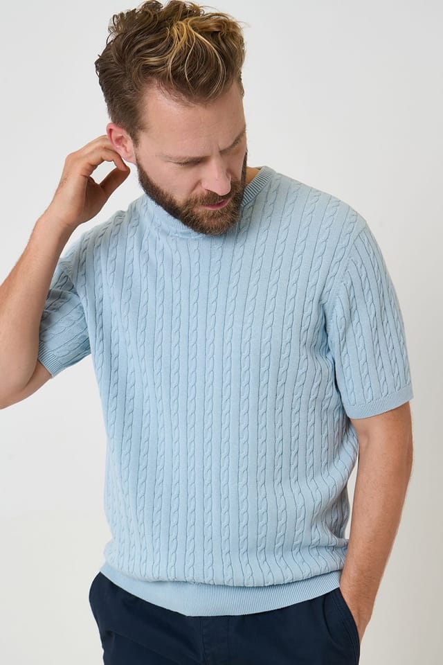 Saltwell Saltwell Men's Cable Knit Crew Neck T-Shirt in Blue - 3