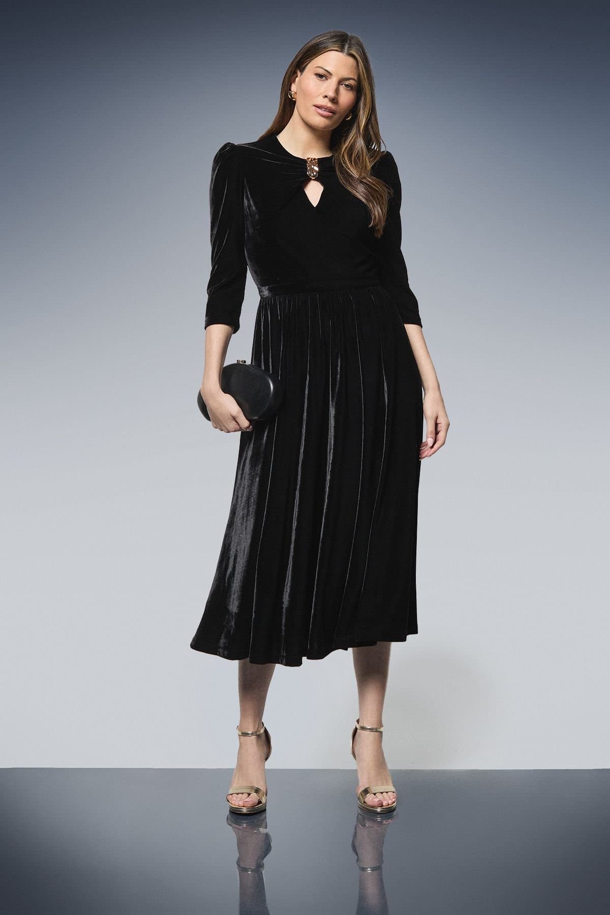 Wallis Wallis Women's Velvet Embellished Pleated Midi Dress in Black