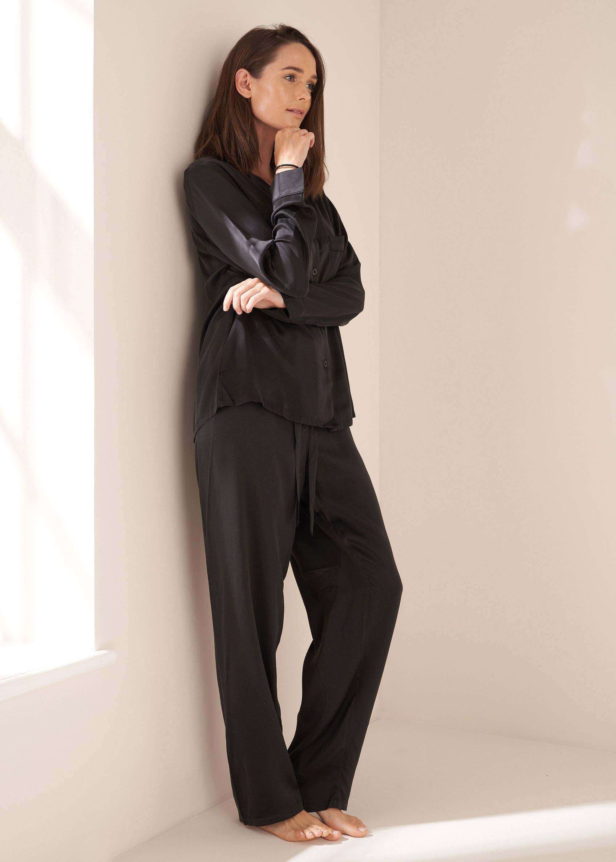 Truly Truly Women's Silk Pyjama Set in Black - 2