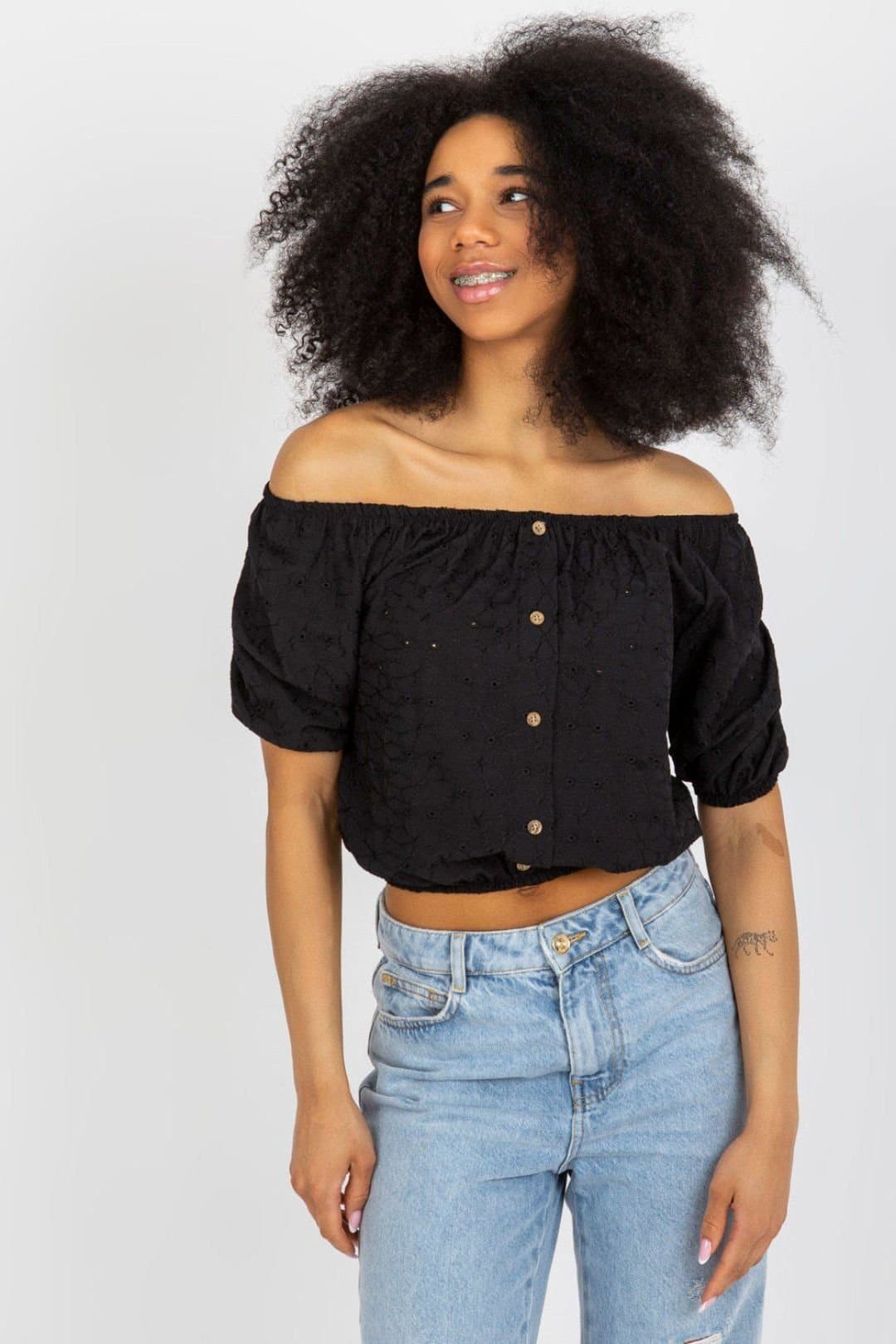 Love Lace Love Lace Women's Boho Off-Shoulder Cotton Lace Blouse in Black