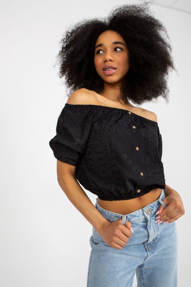 Love Lace Love Lace Women's Boho Off-Shoulder Cotton Lace Blouse in Black - 2