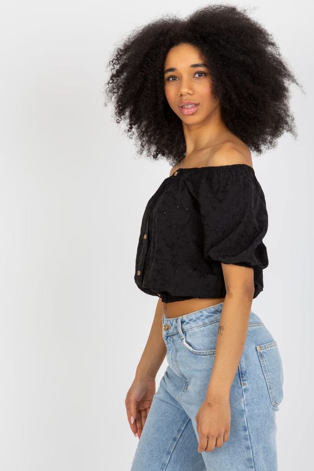 Love Lace Love Lace Women's Boho Off-Shoulder Cotton Lace Blouse in Black - 3