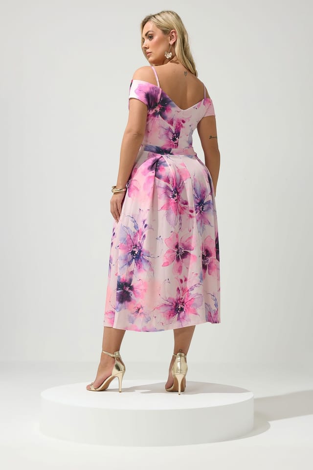 Yours Yours Women's Bardot Floral Skater Dress in Light Pink - 3