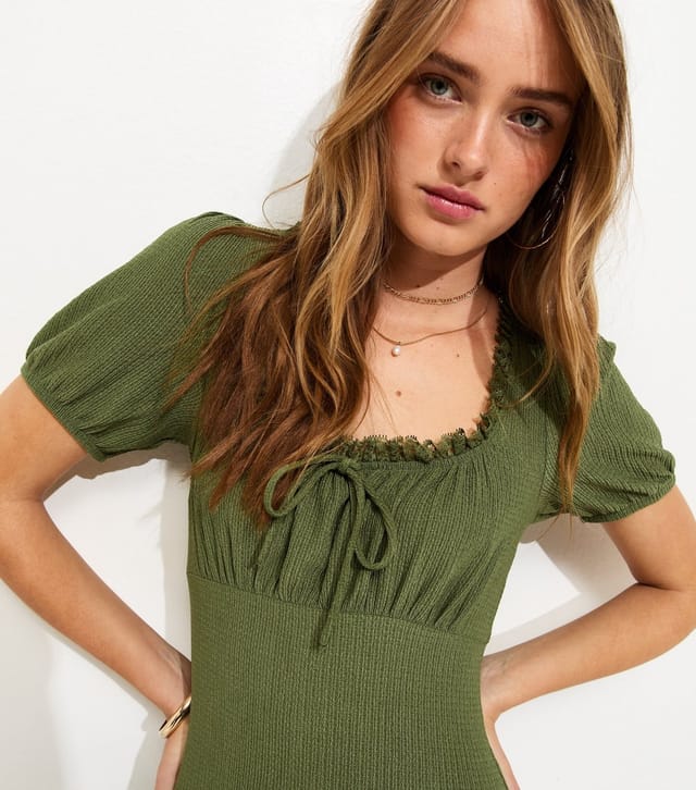 New Look Women's Dark Khaki Crinkle Texture Short Sleeve Milkmaid Midi Dress New Look - 2