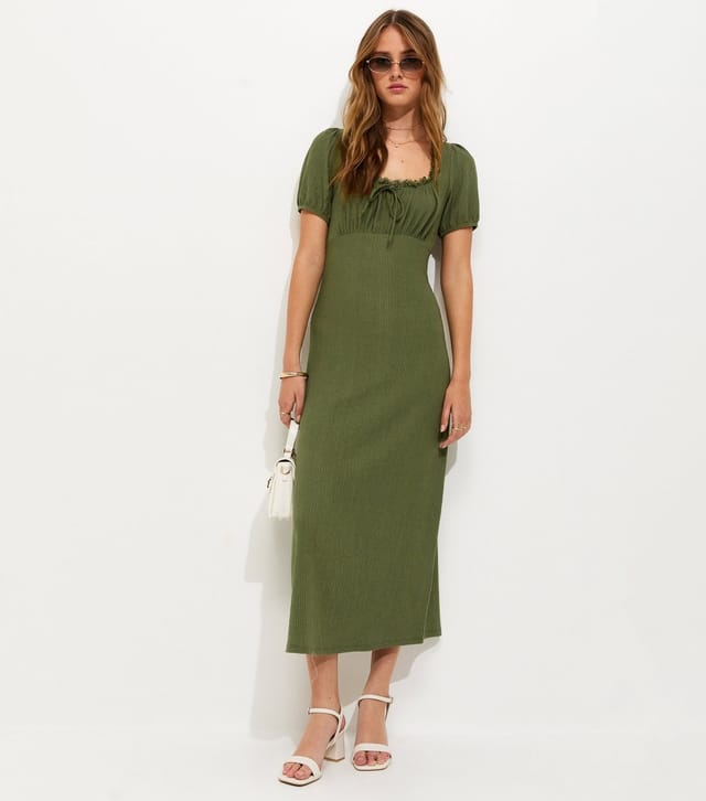 New Look Women's Dark Khaki Crinkle Texture Short Sleeve Milkmaid Midi Dress New Look - 3