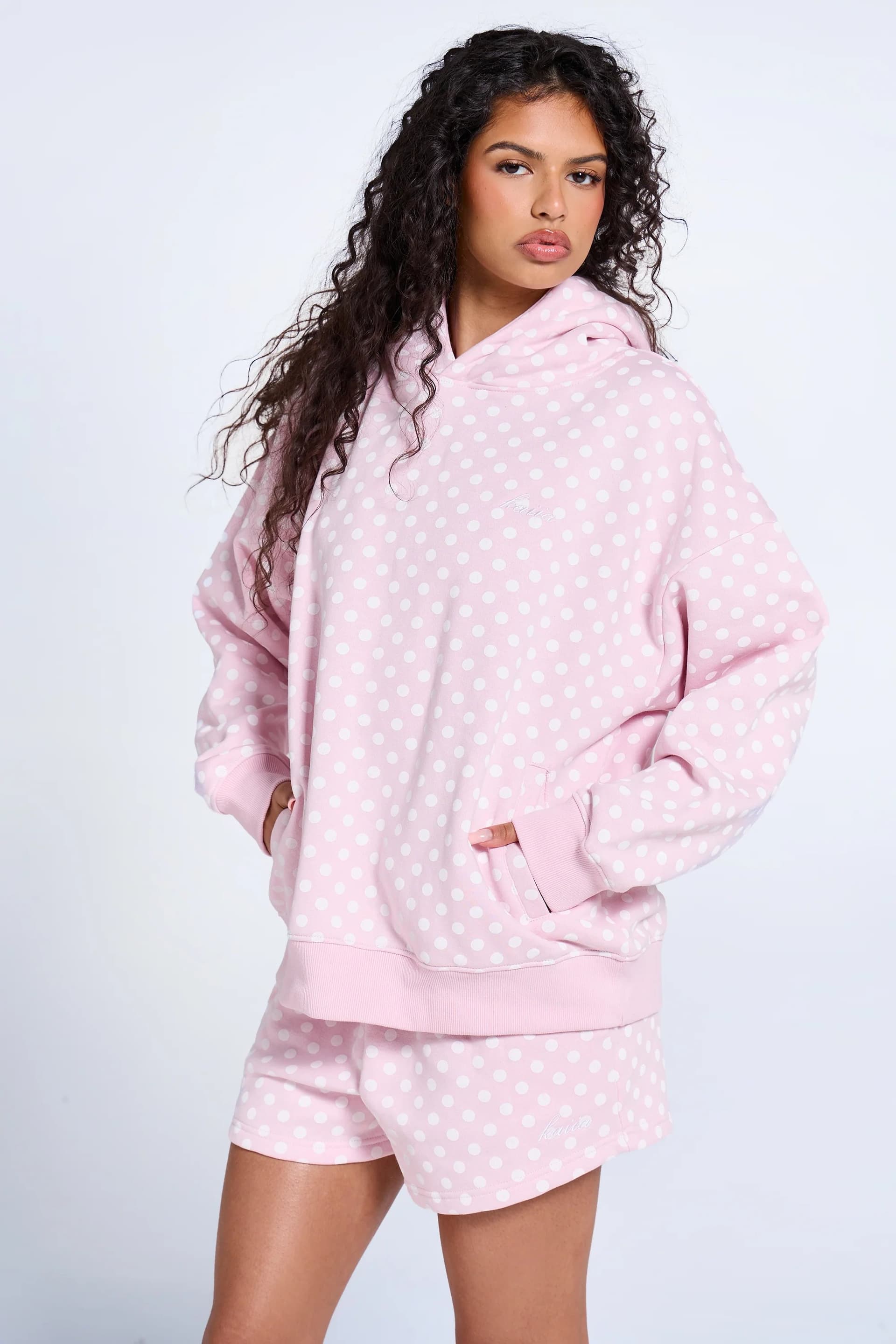 Kaiia Kaiia Polka Dot Oversized Hoodie Baby Pink & White