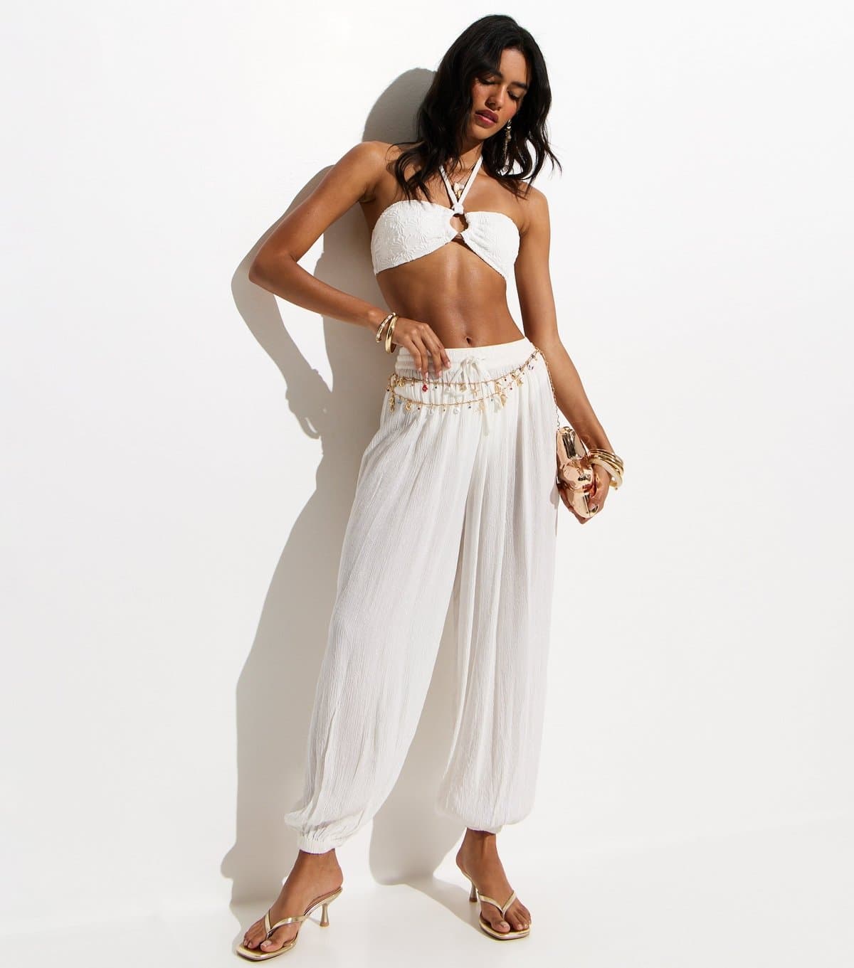 New Look Women's White Metallic Crinkle Texture Balloon Leg Beach Trousers New Look