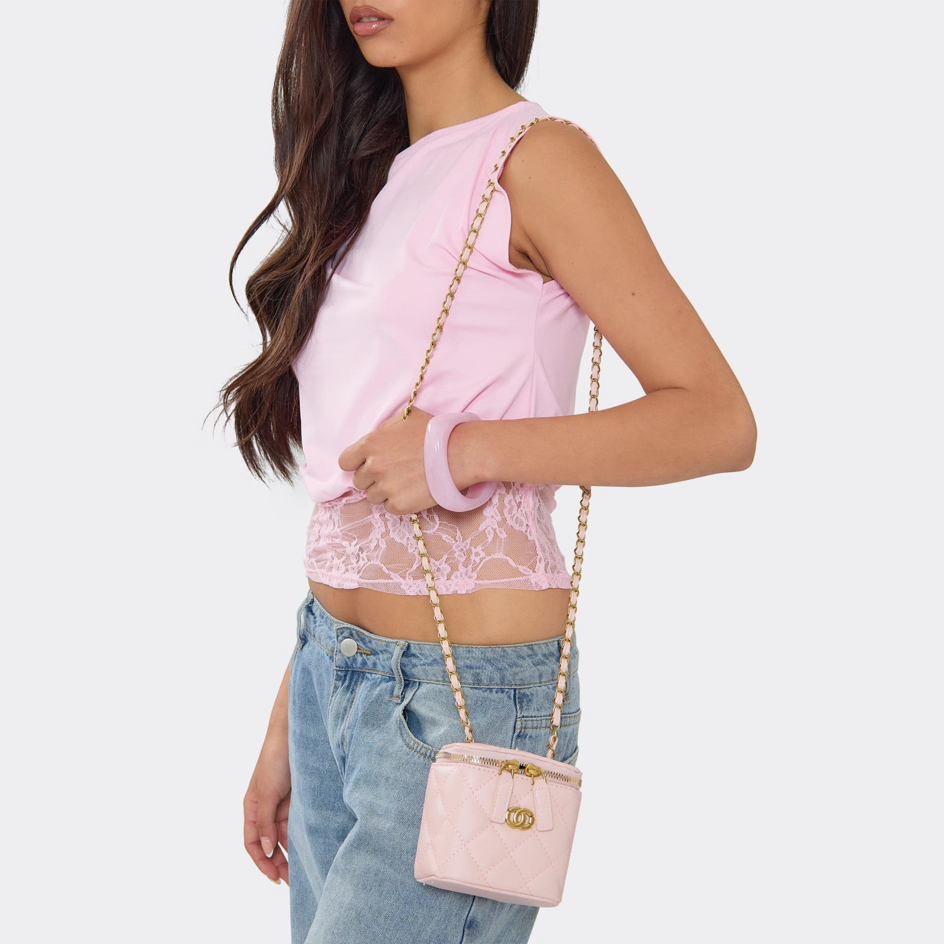 EGO Demy Zip Detail Cross Body Vanity Bag In Pink Quilted Faux Leather, Women's Size UK 0