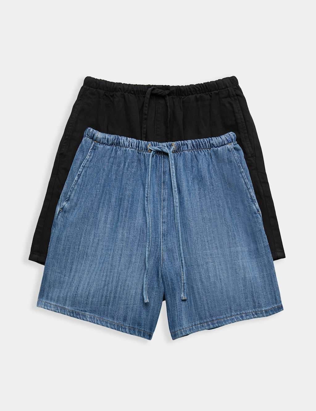 Marks & Spencer M&S 2 Pack Cotton Rich Pull On Denim Shorts Indigo Mix